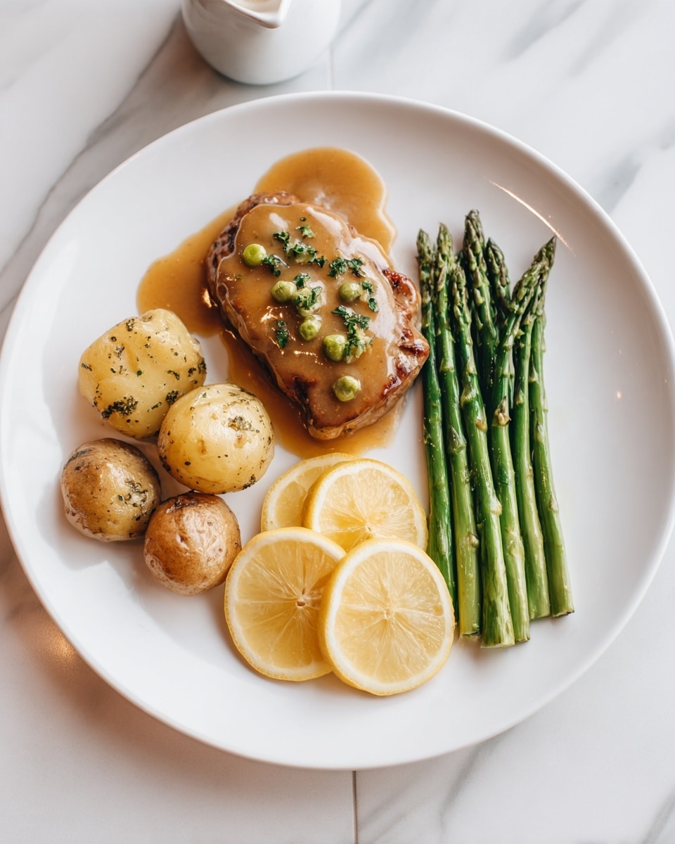 A white round plate holds a meal with three clear parts: on the left are small, light brown potatoes with bits of herbs sprinkled on top, in the middle is a thick, light golden-brown cooked piece of meat covered with a shiny sauce and green herb pieces, and on the right are green asparagus stalks arranged neatly with two lemon slices resting on top. The plate sits on a white marbled surface with part of a small white sauce container visible on the upper left side photo taken with an iphone --ar 4:5 --v 7