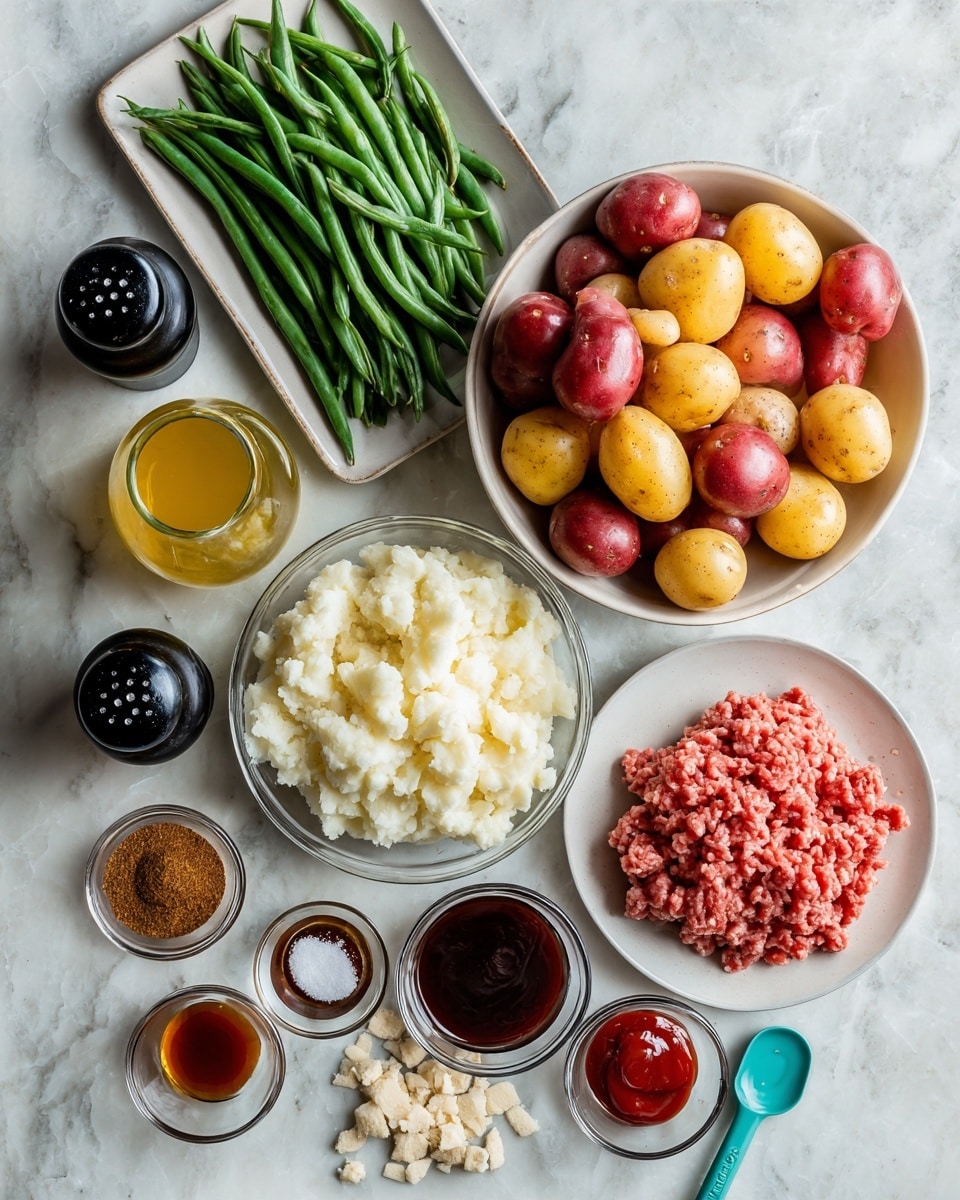 The image shows several ingredients on a white marbled surface, arranged neatly. There is a large white bowl filled with halved small red and yellow potatoes at the top right. To the left of the potatoes is a small glass bowl containing white mashed potatoes. Below the mashed potatoes is a white plate with crushed crackers or crumbs. To the left of this plate is a black tray holding raw ground meat with a pinkish color. Fresh green beans lie to the left of the meat. Near the top center are two black salt and pepper shakers beside a green-tinted glass bottle with a yellow liquid. Below and to the right of the bottle are small glass bowls with dark red sauce, a tiny dollop of a dark condiment, minced garlic, brown sugar, and a dark soy-like sauce. A turquoise measuring spoon filled with ketchup is near the bottom center. The items are bright and clean, photographed from above. Photo taken with an iphone --ar 4:5 --v 7