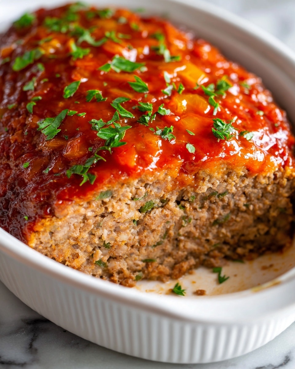 The image shows a close-up of a meatloaf in a white oval dish set on a white marbled surface. The meatloaf is made of ground meat and cooks into a thick, firm texture with a brown color. On top, there is a bright orange sauce layer with a shiny, cooked texture mixed with small bits of vegetables, likely onions or peppers. Small green herb leaves are sprinkled over the sauce, adding a fresh touch of color. The meatloaf has a slice missing from the front, revealing the inside which is grainy and brownish, contrasting with the glossy sauce on top. Photo taken with an iphone --ar 4:5 --v 7
