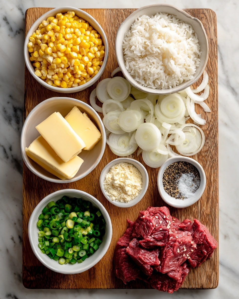 The image shows a wooden board with several small white bowls and ingredients arranged on a white marbled surface. At the top right, a white bowl is full of white cooked rice, next to it on the left is a white bowl with yellow corn kernels. Below the corn is a small white bowl with two square pieces of yellow butter. To the right of the butter are thinly sliced white onions scattered on the board, and beside that is a small white dish with a mix of black pepper and salt. On the left side of the board, there is a small white bowl filled with chopped green onions. Below it is raw sliced red meat. Everything is neatly arranged and the colors contrast well with the white marbled background. Photo taken with an iphone --ar 4:5 --v 7