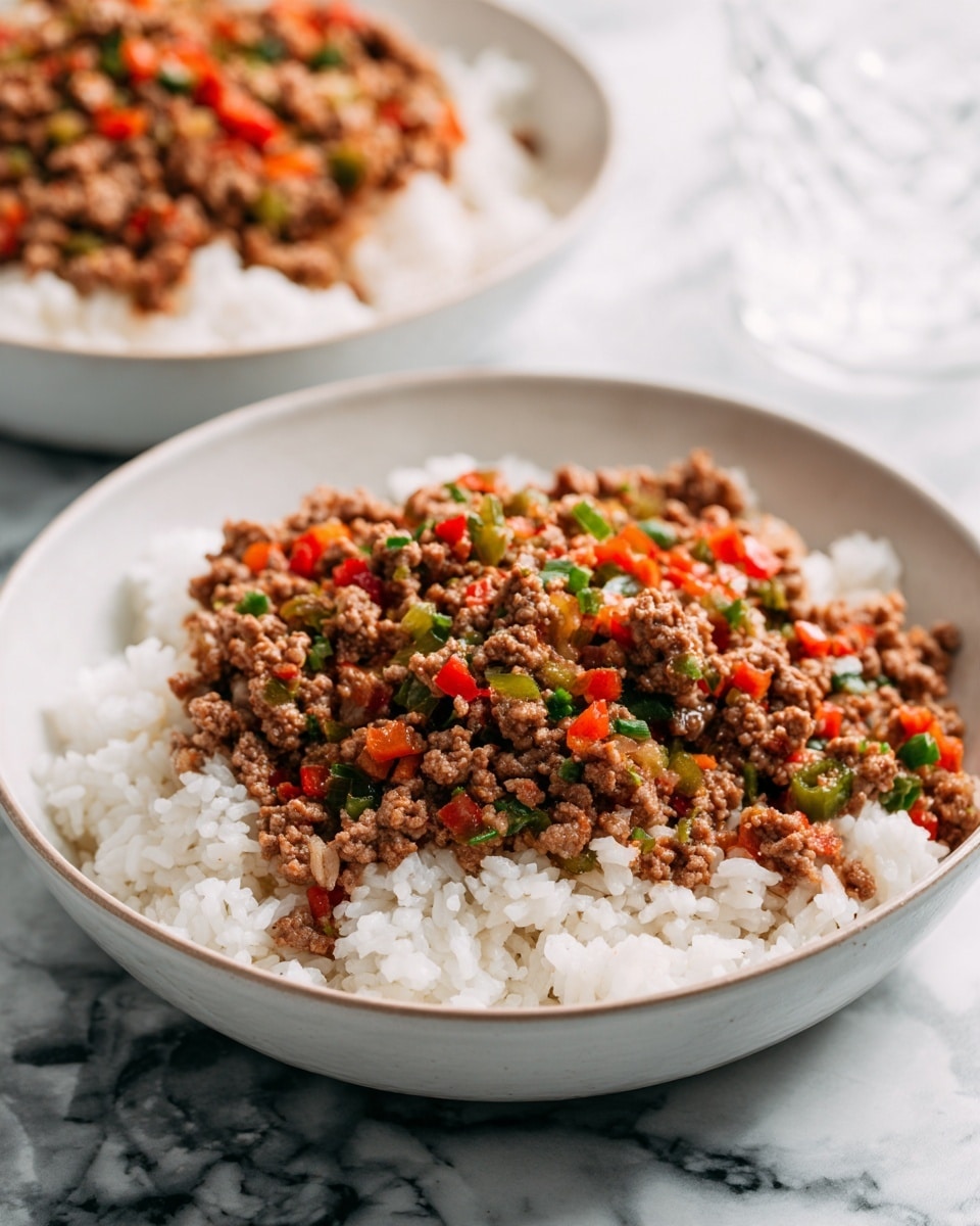 Two white bowls are filled with rice and a mixture of cooked ground meat and finely chopped vegetables. Each bowl shows a base layer of white rice topped with a thick layer of light brown ground meat mixed with small, colorful pieces of green and red peppers and onions. The background has a white marbled texture and part of a clear glass is visible. The front bowl is in clear focus, while the back bowl is blurred. photo taken with an iphone --ar 4:5 --v 7