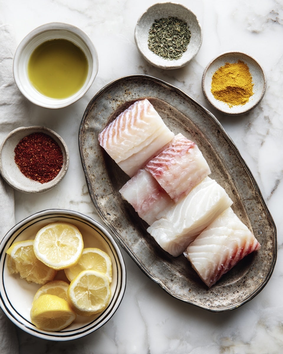 Four pieces of raw fish with pale pink and white striped skin are neatly arranged on a worn metal oval plate in the center. Around the plate, there are small white bowls with spices including a red powder, yellow powder, dried green herbs, and ground garlic powder. A white bowl with a greenish-yellow liquid, likely olive oil, is placed at the top left. Below the plate, a white bowl with black rim holds several lemon wedges. The background surface is a white marbled texture. photo taken with an iphone --ar 4:5 --v 7