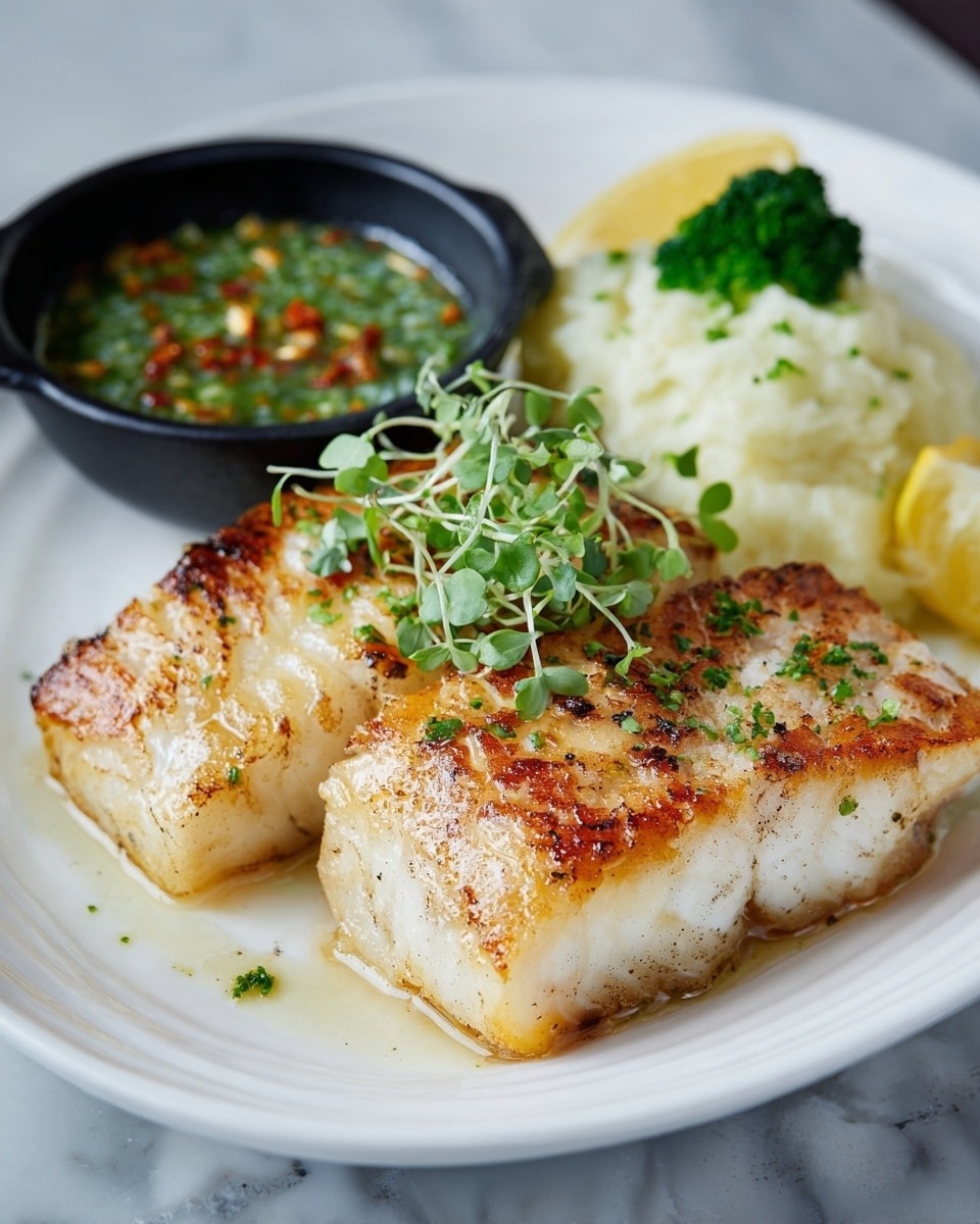 The image shows a white plate with two thick, golden-brown grilled fish fillets placed side by side in the center. The fish has a slightly crispy texture on the top with a light sear, and a few green microgreens rest on the upper fillet. To the back left of the plate, there is a small black dish filled with a greenish sauce speckled with red and orange small bits. On the back right of the plate, there is a small lemon wedge, a piece of broccoli, and a small portion of mashed potatoes garnished with a small leaf. The plate sits on a white marbled textured surface. Photo taken with an iphone --ar 4:5 --v 7