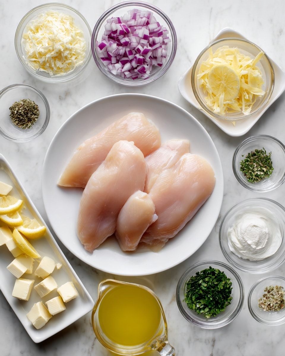 A white plate with four raw chicken fillets is placed on a white marbled surface. Around the plate are small clear glass bowls and a white square dish, each holding different ingredients: finely chopped red onions, small cubes of butter, lemon zest, lemon slices, chopped green herbs, salt, black pepper, white flour, a mix of oil and melted butter, a measuring cup with yellow liquid, and a small bowl with cream. The ingredients are neatly arranged in a grid pattern, creating a clean and organized look. photo taken with an iphone --ar 4:5 --v 7