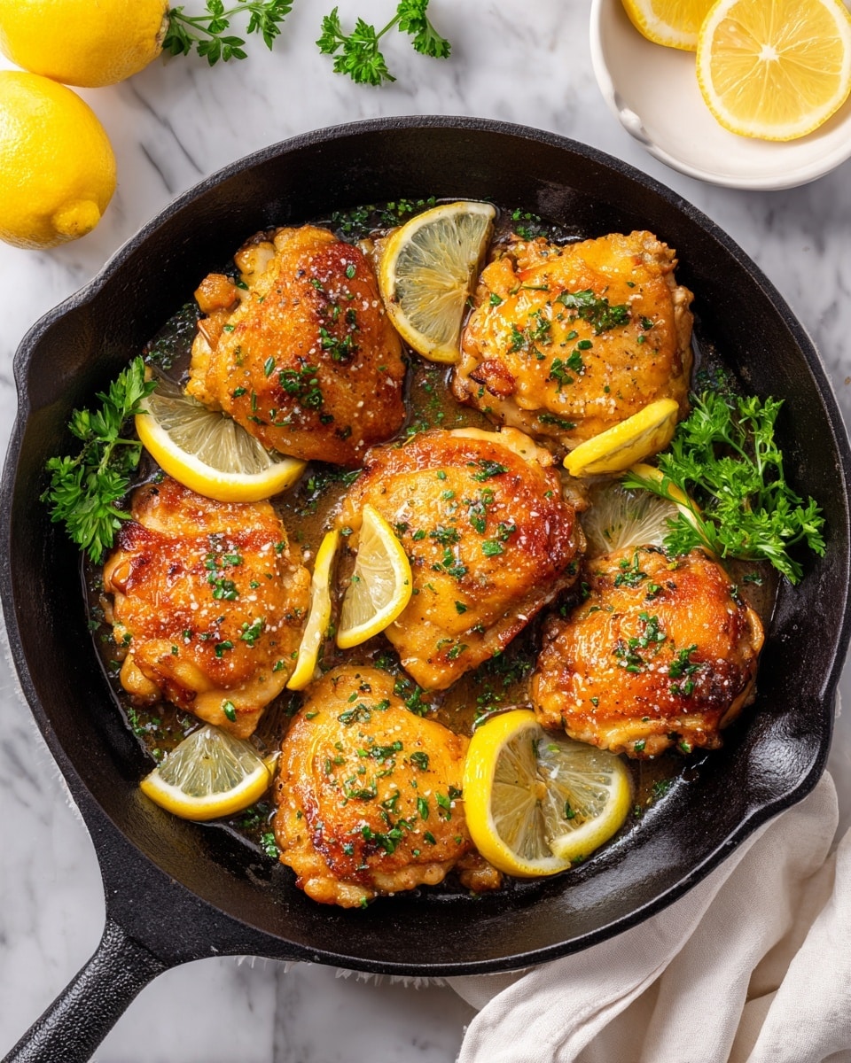 The image shows a black cast iron pan filled with five golden-brown cooked pieces of chicken, each with a slightly crispy texture and some sprinkled herbs on top. Thin bright yellow slices of lemon are arranged between and slightly on top of the chicken pieces, adding a fresh look. Small green parsley leaves are scattered around the chicken, both whole and chopped, creating a contrast with the warm colors of the dish. The pan sits on a white marbled surface, with a small bowl partly visible in the top right corner and a lemon wedge on a white plate nearby. photo taken with an iphone --ar 4:5 --v 7