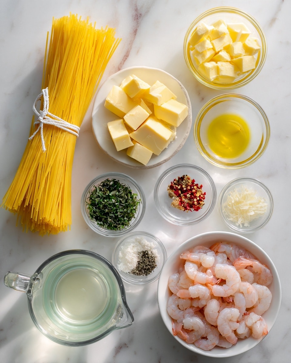 The image shows an overhead view of cooking ingredients arranged neatly on a white marbled surface. On the left side, a bundle of yellow spaghetti pasta is tied with a white string. Around it, there are small clear glass bowls containing pale yellow butter cubes, light yellow cheese cubes, light golden olive oil, pale chopped garlic, red chili flakes, green chopped herbs, coarse black pepper, white salt, and a light yellow liquid broth. On the right, a white bowl holds raw pink shrimp with a slightly translucent texture. Below, a clear measuring cup contains a light clear liquid. All items are spaced evenly, and the setting is bright with natural light. Photo taken with an iphone --ar 4:5 --v 7
