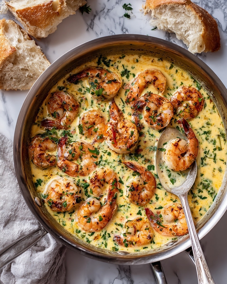 The image shows a round metal pan filled with two layers of cooked shrimp in a light yellow creamy sauce, sprinkled with small green herb pieces. The shrimp are pinkish-orange with a light char and arranged close together, slightly overlapping. A silver spoon with a single shrimp sits on the right side of the pan, resting on the creamy sauce. The pan is placed on a white marbled surface with torn pieces of light brown bread nearby. photo taken with an iphone --ar 4:5 --v 7
