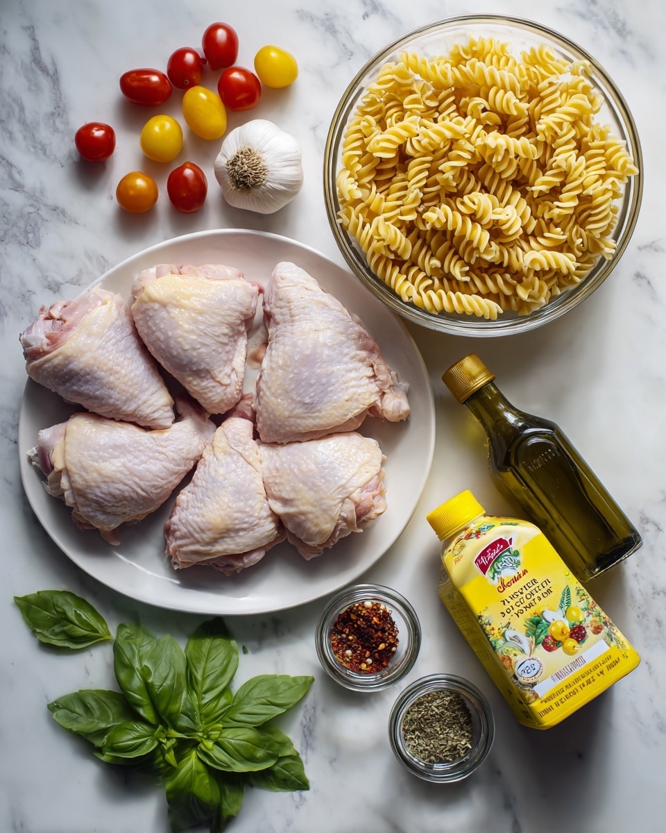 The image shows an arrangement of ingredients on a white marbled surface. On the left side, there is a white plate with three raw chicken pieces placed on it, next to some small colorful cherry tomatoes and a round bulb of garlic. Adjacent to the plate, towards the top right, is a clear glass bowl filled with uncooked spiral pasta of a yellow color. Below, two small clear jars hold dried Italian herbs and red pepper flakes side by side. To the right of the jars, there is a yellow carton of chicken cooking stock with vegetable illustrations, and next to it, a dark green olive oil bottle with a lemon label. At the bottom left corner, a few bright green fresh basil leaves are placed near the jars. photo taken with an iphone --ar 4:5 --v 7