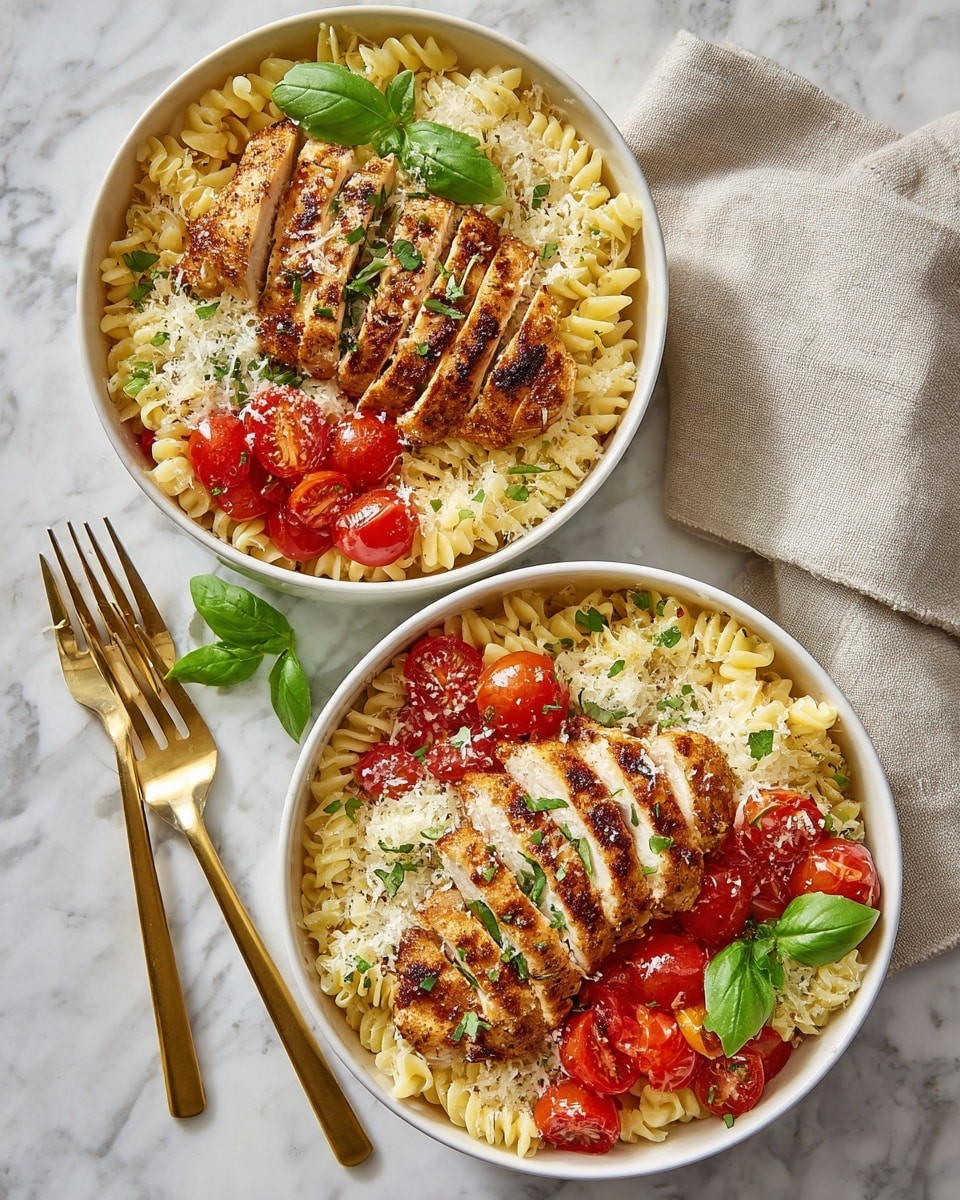 Two white bowls on a white marbled surface, each filled with a layered pasta dish. The bottom layer is light yellow cooked pasta, topped with evenly scattered chopped red tomatoes. On top, there are slices of grilled chicken with a golden-brown crust arranged in the center. Each dish is garnished with bright green fresh basil leaves and small sprinkles of grated cheese and finely chopped herbs, adding texture and color contrast. Nearby, two golden forks lie on the surface next to a light beige cloth napkin. Photo taken with an iphone --ar 4:5 --v 7