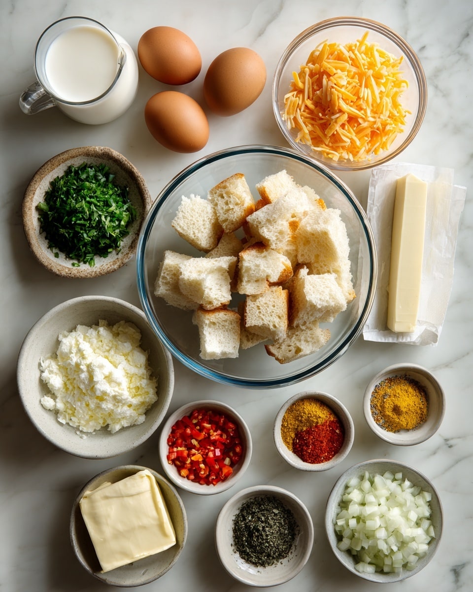 The image shows ingredients for a recipe arranged neatly on a white marbled surface. There is a clear bowl filled with cubed bread pieces in the center. Around it are six brown eggs, a small bowl of chopped green herbs, a larger bowl filled with shredded orange cheese, a glass bowl of milk, a bowl with finely chopped red peppers, and a bowl of finely chopped white onions. Nearby are small bowls containing different spices in powdered form, including green, black, and yellow powders. There are also two sticks of butter wrapped in paper. The arrangement is clean and organized, with each ingredient clearly visible. Photo taken with an iphone --ar 4:5 --v 7