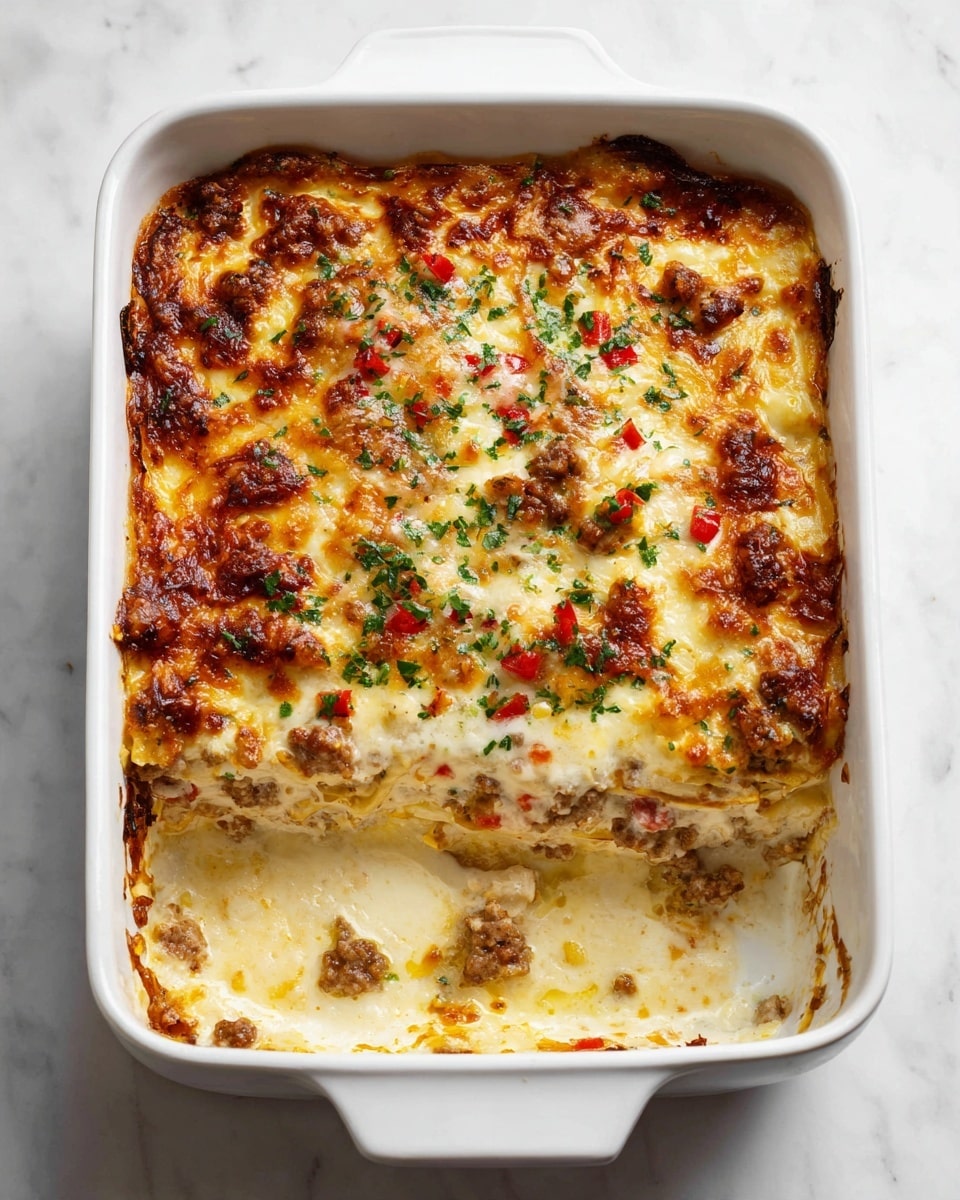 A white rectangular casserole dish filled with a baked layered dish. The top layer is golden brown with melted cheese and small bits of green herbs and red pieces scattered across it. Inside, there are visible layers of creamy white and light yellow, mixed with chunks of a meaty ingredient and small colorful vegetable pieces. The edges are browned slightly from the baking. The dish is sitting on a white marbled surface. Photo taken with an iphone --ar 4:5 --v 7