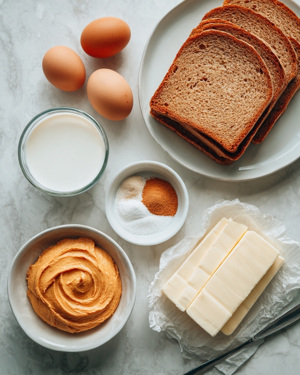 The image shows a white marbled surface with several food items arranged neatly. There are seven slices of brown bread stacked on the right side. To the left, three brown eggs sit close together near a small glass bowl filled with white liquid, probably milk. Below the eggs is a white plate holding a mixture of salt and brown powder, likely spices. In the middle, there is a small white bowl filled with smooth orange spread. On the bottom right, there is a partially opened wrapper with two slices of pale yellow butter stacked, and a silver knife resting partly on the wrapper. Photo taken with an iphone --ar 4:5 --v 7
