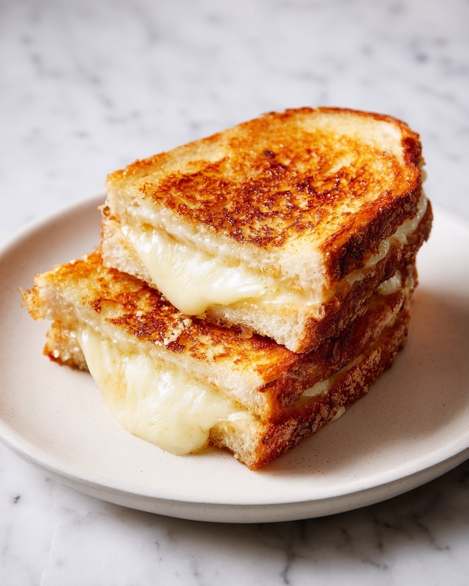 The image shows two toasted sandwiches on white plates set on a white marbled surface. Each sandwich is cut diagonally, revealing melted cheese oozing out slightly between two thick, golden-brown toasted bread slices with a crispy texture. The top bread slices have a nice even browning with some darker spots that suggest a crunchy exterior. The plates are simple and round, holding the sandwiches neatly. The lighting highlights the crispy texture of the toast and the warm melted filling inside. photo taken with an iphone --ar 4:5 --v 7