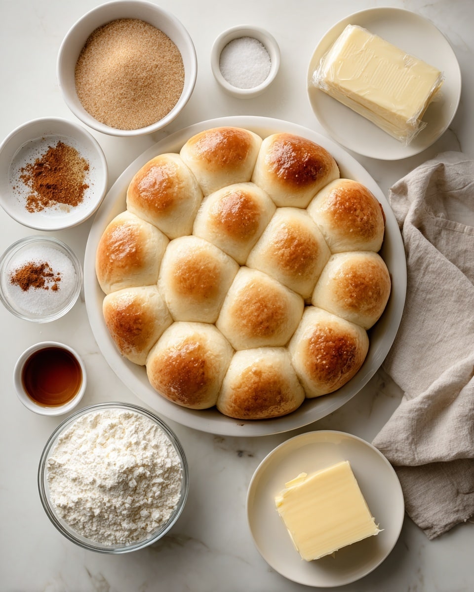A pan filled with 15 soft golden brown rolls arranged in three rows of five, each roll slightly puffed and touching the others, placed on a white marbled surface. Around the pan are several small white bowls and dishes holding different baking ingredients: a bowl of light brown sugar, a stick of butter with the wrapper partially open, a small white dish of ground cinnamon, a small mound of salt in a white container, a clear bowl filled with white flour, a square of cream cheese on a small white plate, a cube of yellow butter on a small white plate, and a small cup with a dark liquid, all neatly arranged on the white marbled surface. A neutral cloth napkin is slightly folded to the side. photo taken with an iphone --ar 4:5 --v 7