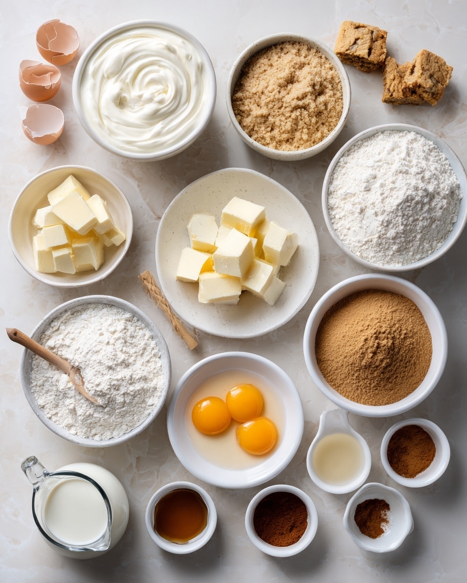 This image shows a flat lay of many baking ingredients arranged on a white marbled surface. From top left, there is a white bowl with thick white cream, near it broken light brown eggshell pieces, and a small white bowl filled with dry yeast powder. Nearby, a larger white bowl is filled with light brown sugar, and below it is a white bowl with white flour. To the left of the flour is a small bowl with pale yellow butter cubes, and above it is a white bowl with two orange egg yolks in clear egg whites. Below that is a white bowl with white powdered sugar, next to which is a tiny white bowl with cinnamon powder and a wooden spoon in it. Across the bottom line there are small white cups holding ground spices and liquids, including pumpkin puree in a small bowl and a glass measuring cup with milk. The colors range from creamy whites, light browns, bright orange, and warm yellow to dark brown spices. Everything is neatly spread for easy viewing photo taken with an iphone --ar 4:5 --v 7
