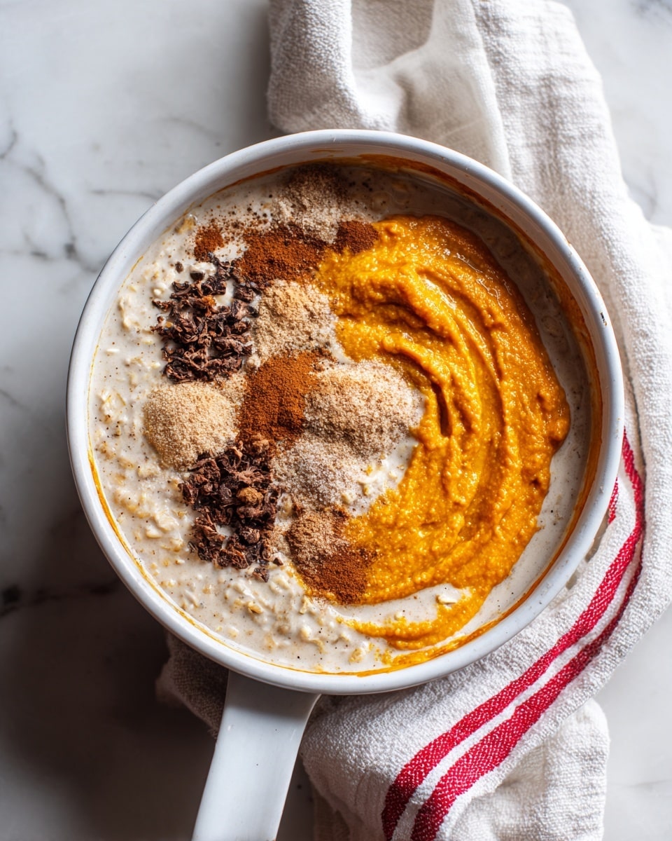 A white saucepan filled with a mixture of oatmeal soaked in milk, with a swirl of bright orange pumpkin puree on one side. On top of the pumpkin puree, there are small piles of dark brown and light beige spices, likely cinnamon, ginger, and nutmeg, creating a layered look. The oatmeal base is light beige with a soft, wet texture. The saucepan is placed on a white marbled surface, alongside a white cloth with red stripes visible on one side. Photo taken with an iphone --ar 4:5 --v 7