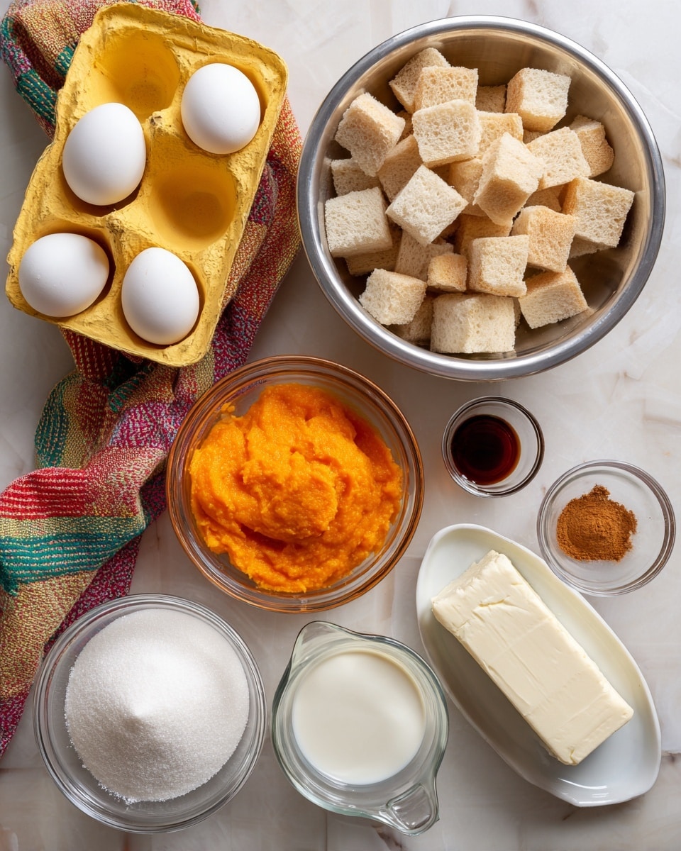 The image shows several ingredients arranged neatly on a white marbled surface. In the upper part, there is a large metal bowl filled with small cubes of bread. To the left of it, a yellow egg carton holds three white eggs, two empty slots visible. Below them, a glass bowl contains bright orange pumpkin puree with a smooth texture. Next to it, there is a bigger glass bowl filled with white granulated sugar. Toward the bottom right, two clear glass measuring cups hold white liquids—one appears creamier than the other. A small clear bowl with brown cinnamon powder sits between the sugar and liquids. To the right, a small bowl contains dark brown vanilla extract. Finally, a rectangular block of cream cheese rests on a small white plate. All items are on a white marbled surface with a colorful striped cloth partly under the bread bowl. Photo taken with an iphone --ar 4:5 --v 7