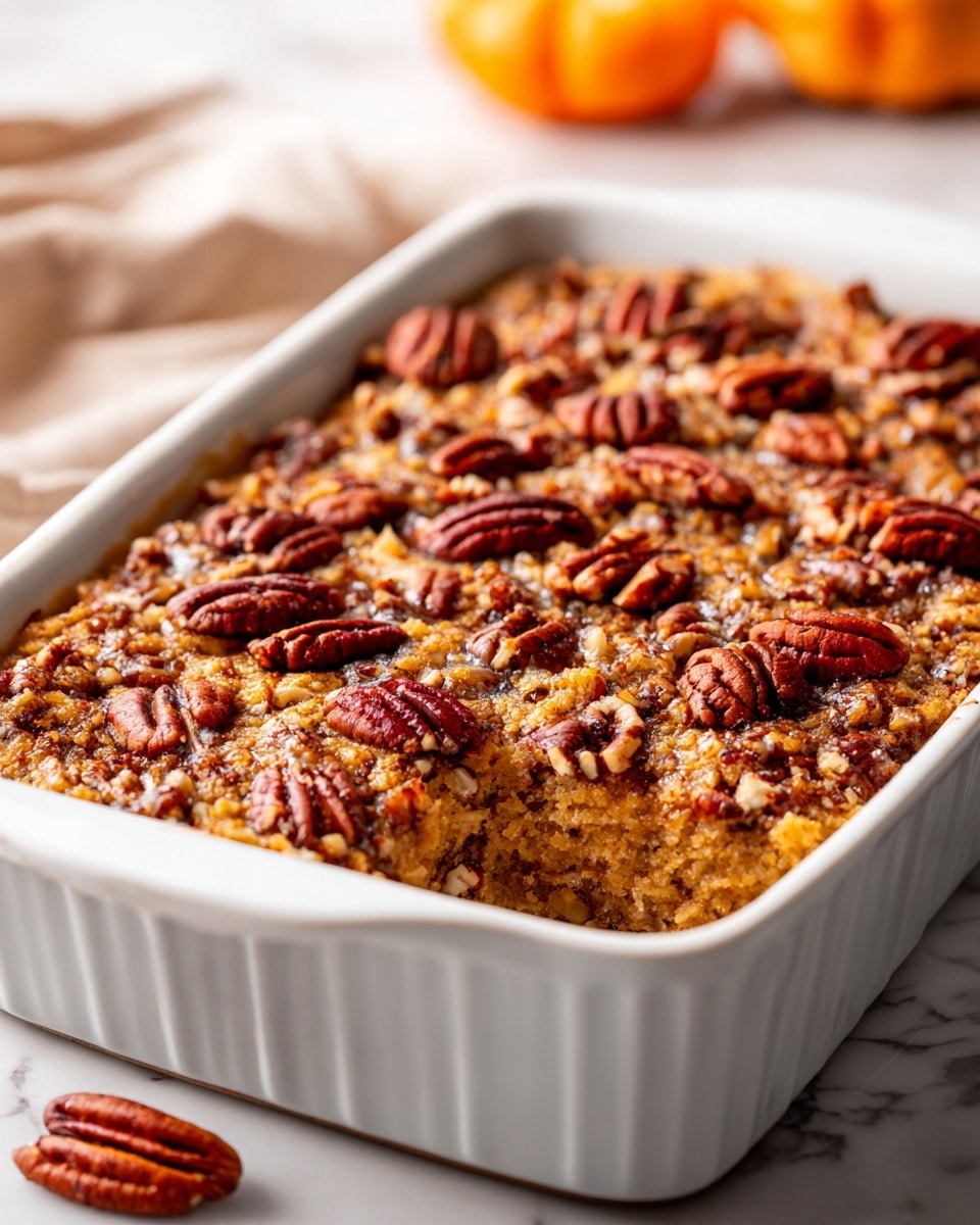 The image shows a white rectangular dish filled with a golden-brown baked dessert topped with pecan halves. The dessert has a crumbly, textured surface with a mix of soft, baked layers underneath and crunchy pecans spread evenly across the top. The dish sits on a white marbled surface with a few blurred orange objects in the background, giving a warm and cozy feeling. The color palette includes light golden brown, beige, and reddish-brown from the pecans, with a soft, crumbly texture visible on top. photo taken with an iphone --ar 4:5 --v 7