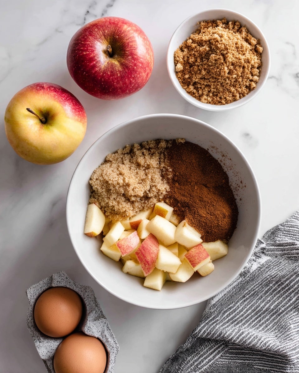 A white bowl in the center filled with three layers: the bottom layer is small, light pink and white apple pieces with skin still on, the middle layer is a light brown crumbly sugar mix covering part of the apples, and the top layer is an uneven sprinkle of darker brown cinnamon powder on the sugar. To the top right of the bowl is a small white bowl with more of the crumbly brown sugar and cinnamon mix. To the left side of the image are two whole red and yellow apples, and below them is a gray speckled egg holder with two brown egg shells. A gray and white striped cloth is on the bottom right corner. All items rest on a white marbled surface. photo taken with an iphone --ar 4:5 --v 7