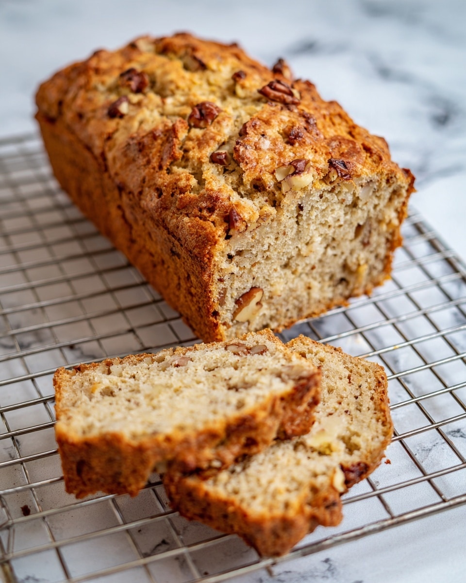 The image shows a loaf of bread resting on a metal cooling rack over a white marbled surface. The loaf has a textured, golden-brown top layer with small pieces of what looks like nuts or fruit embedded. The inside of the loaf is light brown with a soft, moist texture and visible small chunks scattered throughout. Two slices have been cut from the loaf and placed in front of it, showing the even, dense crumb inside. The overall color palette ranges from warm brown and golden tones for the top and interior of the bread. Photo taken with an iphone --ar 4:5 --v 7