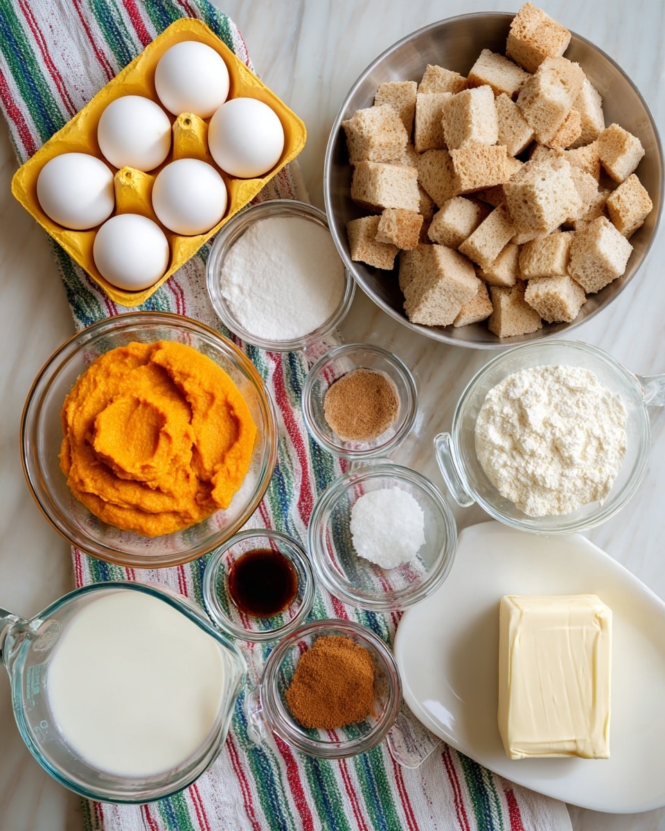 The image shows ingredients for pumpkin bread pudding arranged neatly on a white marbled surface. In the top right, a large silver bowl holds many small, light brown bread cubes. Next to it on the left, a yellow egg carton contains four white eggs. Below the bread bowl, there is a clear glass bowl filled with bright orange pumpkin puree. Beside the pumpkin puree, a small glass bowl filled with white granulated sugar sits near a small bowl with brown cinnamon powder in its center. A small glass bowl with dark brown vanilla extract is placed beside the cinnamon. Two glass measuring cups with clear handles contain white liquid, one smaller and one larger, likely milk and cream. A white rectangular plate on the right holds a block of cream cheese or butter. All ingredients are laid out on a striped cloth with red, green, blue, and beige lines. Photo taken with an iphone --ar 4:5 --v 7