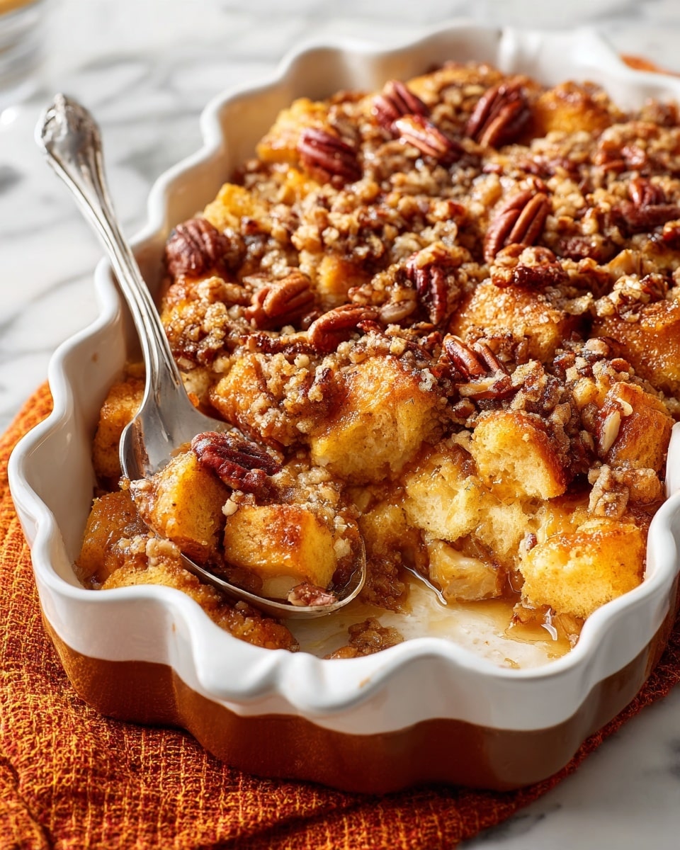 A close-up of a baked dish in a white casserole with brown scalloped edges, showing several layers of soft, golden bread cubes soaked in syrup, topped with a crumbly, light brown streusel mixture mixed with whole and chopped pecans. A shiny silver spoon is partially inside, scooping out some of the moist casserole. The dish sits on a white marbled surface next to an orange textured cloth. Photo taken with an iphone --ar 4:5 --v 7