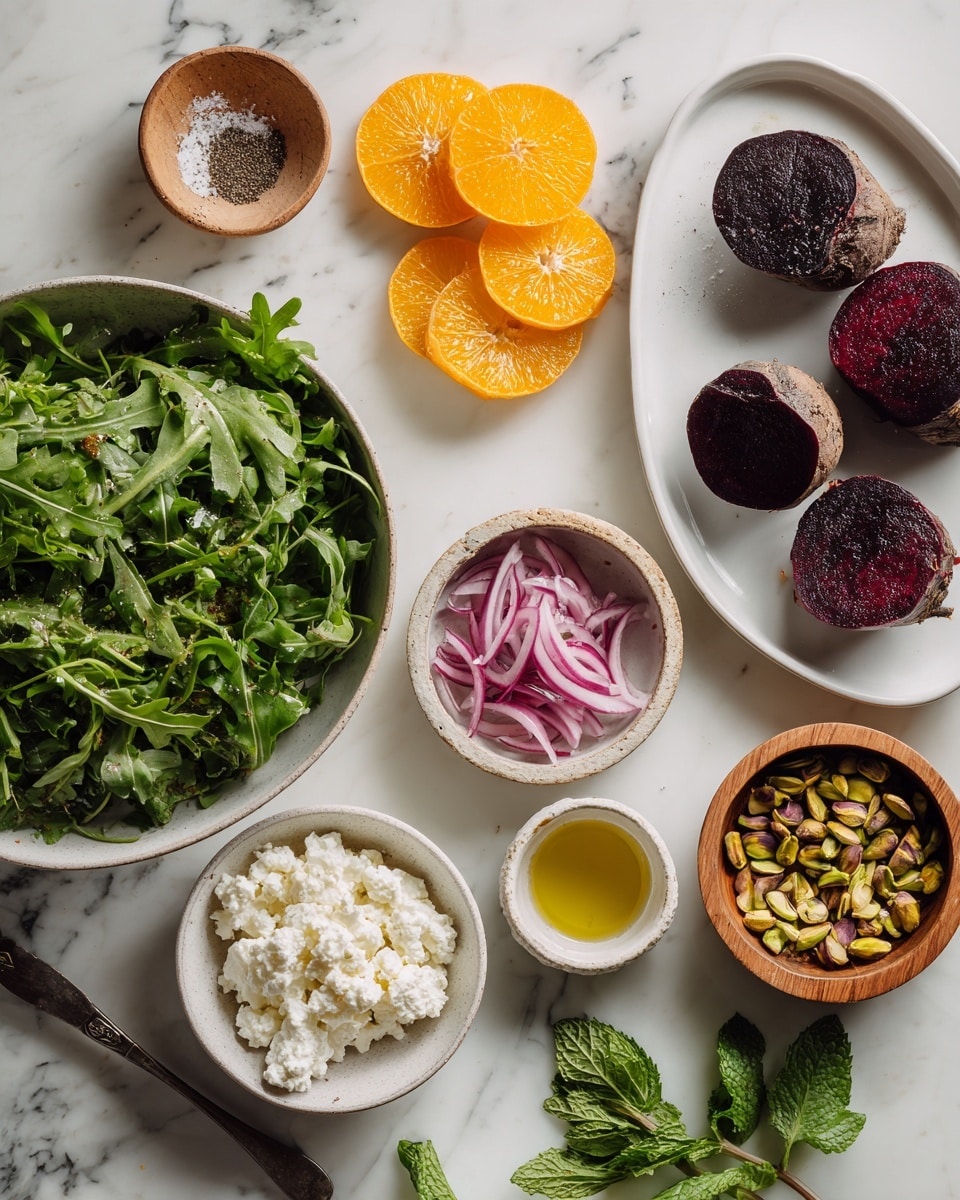 The image shows several white bowls and dishes arranged on a white marbled surface. One large bowl is filled with fresh green arugula leaves at the bottom left. Next to it, a bowl contains bright orange orange slices. At the top right, a white dish holds six whole roasted beets with a rough, dark red-brown skin. A small bowl has thinly sliced purple-red onions, and another small bowl contains chopped pistachios with green and brown tones. There is also a bowl of white crumbly cheese, a small wooden bowl of black pepper, and another wooden bowl with salt. A small cup with light olive oil is placed near the center. Some fresh mint leaves are on the marbled surface in the top right corner. photo taken with an iphone --ar 4:5 --v 7