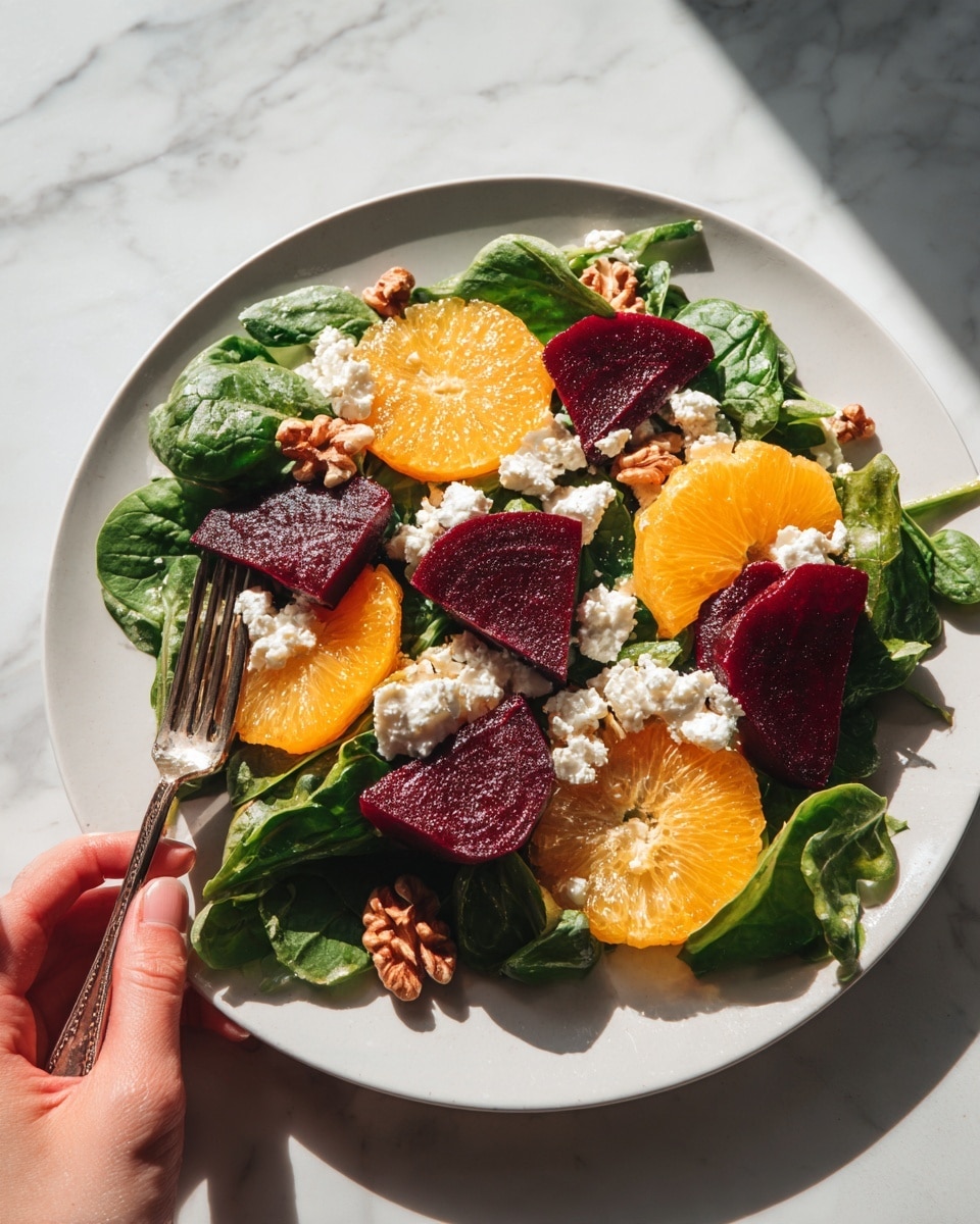 The image shows a white plate filled with a fresh salad on a white marbled surface. The salad has several layers, starting with dark green spinach leaves as the base, spread evenly across the plate. On top, there are bright orange slices and deep red beet slices, arranged side by side, adding vibrant color contrast. Small pieces of crumbly white cheese are scattered over the top, along with walnut chunks, giving texture and depth. A woman's hand is holding a fork near the plate, ready to eat. The lighting highlights the freshness and color of the ingredients, making the salad look appealing and healthy. Photo taken with an iphone --ar 4:5 --v 7