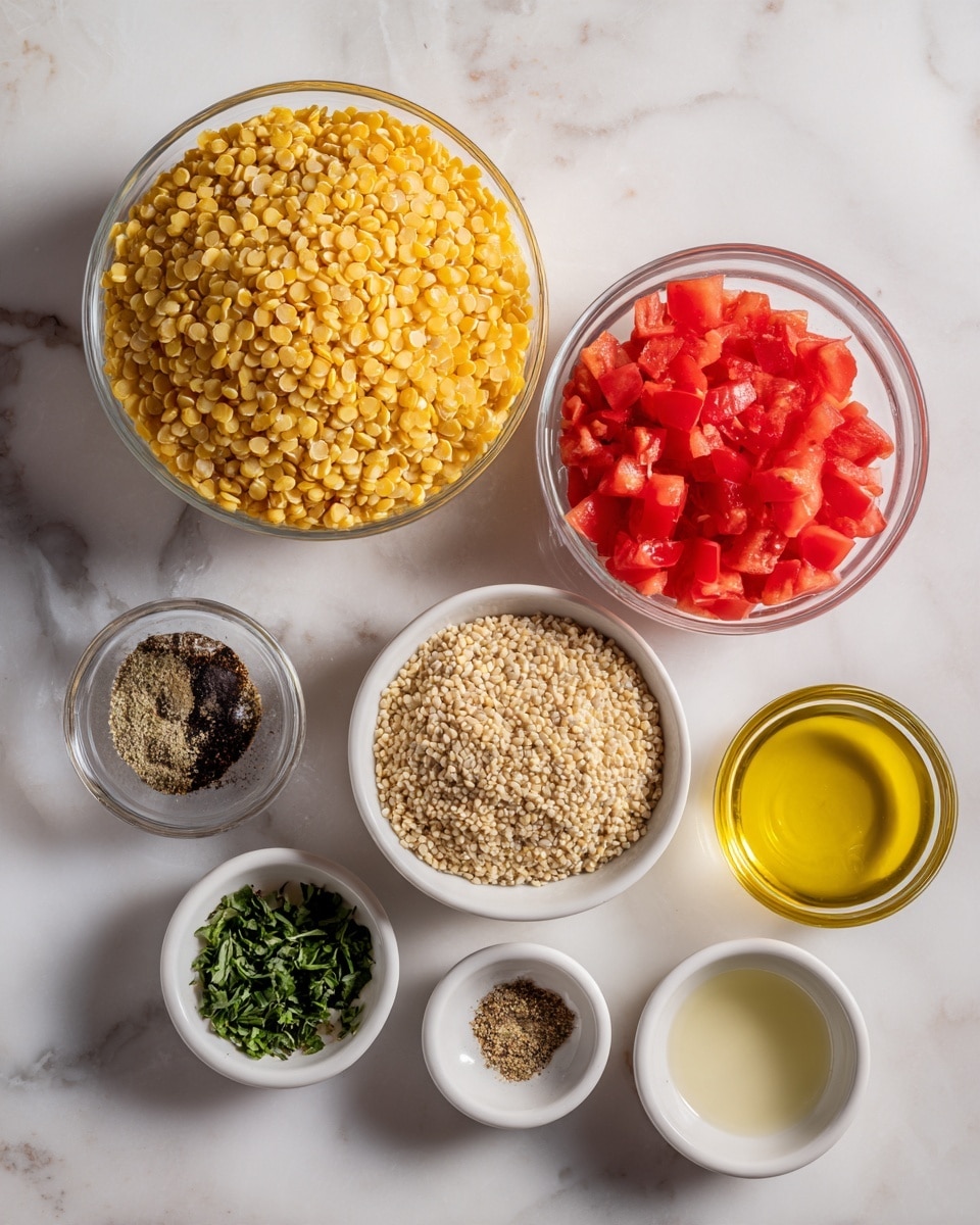 The image shows a white marbled surface with several clear and white bowls arranged neatly. There is one large clear bowl filled with yellow split lentils at the top left. Below it and a bit to the right, there is a white bowl with red diced tomatoes. In the center is a clear bowl filled with beige, small round grains. To its right, there is a small glass bowl with yellow oil. Below these, there are three small white bowls, one with green chopped herbs, one with dark spices, and one with a pale liquid. The colors are bright and fresh, showing the ingredients separately and clearly. The photo taken with an iphone --ar 4:5 --v 7
