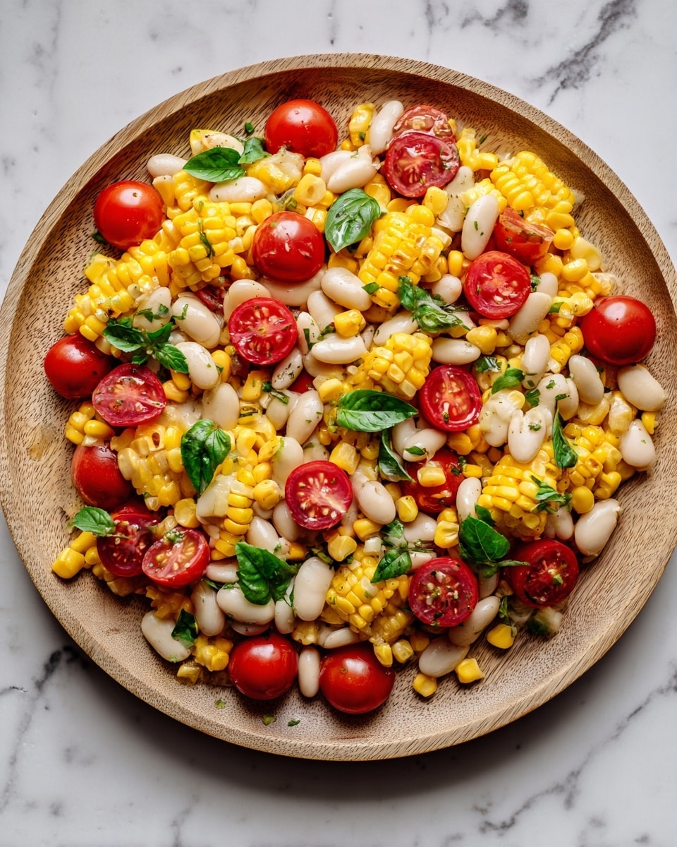 A top view of a wooden plate on a white marbled surface filled with a colorful salad. The salad has three main layers: bright yellow grilled corn pieces, white beans scattered through, and halved red cherry tomatoes. Small green leaves are mixed throughout, adding a fresh touch. The colors and textures create a fresh and natural look with vibrant contrasts between the yellow, red, white, and green. photo taken with an iphone --ar 4:5 --v 7
