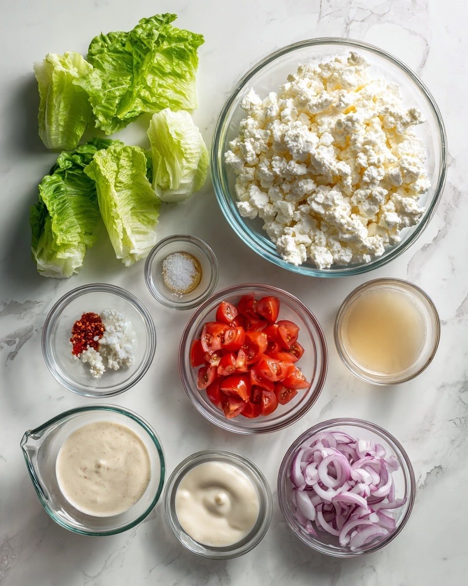 The image shows several ingredients neatly placed on a white marbled surface. On the left, there are three pieces of green lettuce. In the center, a large clear glass bowl contains crumbled white cheese. Around it, smaller clear bowls hold chopped red tomatoes, thinly sliced red onions, minced garlic, small red pepper, white salt, a small amount of honey in a glass container, and a creamy white dressing in another bowl. The arrangement is simple and clean, with all ingredients easy to see. Photo taken with an iphone --ar 4:5 --v 7