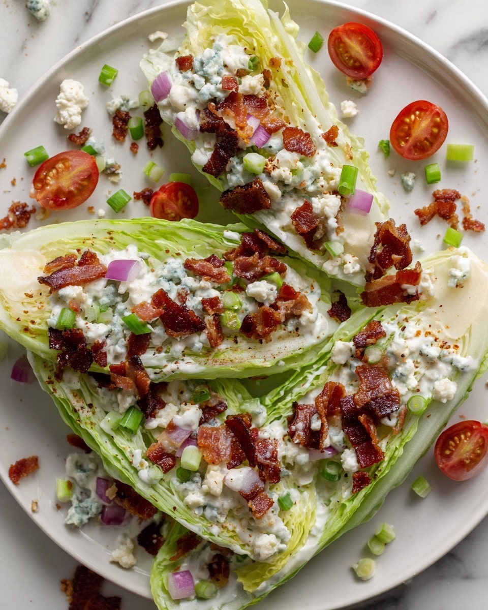 A white plate holds three wedge slices of pale green iceberg lettuce, each topped with a thick layer of creamy white dressing dotted with small pieces of crispy dark brown bacon. Scattered over the wedges are bright red cherry tomato halves, light green sliced scallions, and small chunks of blue cheese with a crumbly texture. The white marbled surface beneath the plate adds softness to the presentation, while scattered bits of red onion add small touches of purple. The whole dish looks fresh and colorful with a mix of soft, creamy, and crunchy textures photo taken with an iphone --ar 4:5 --v 7