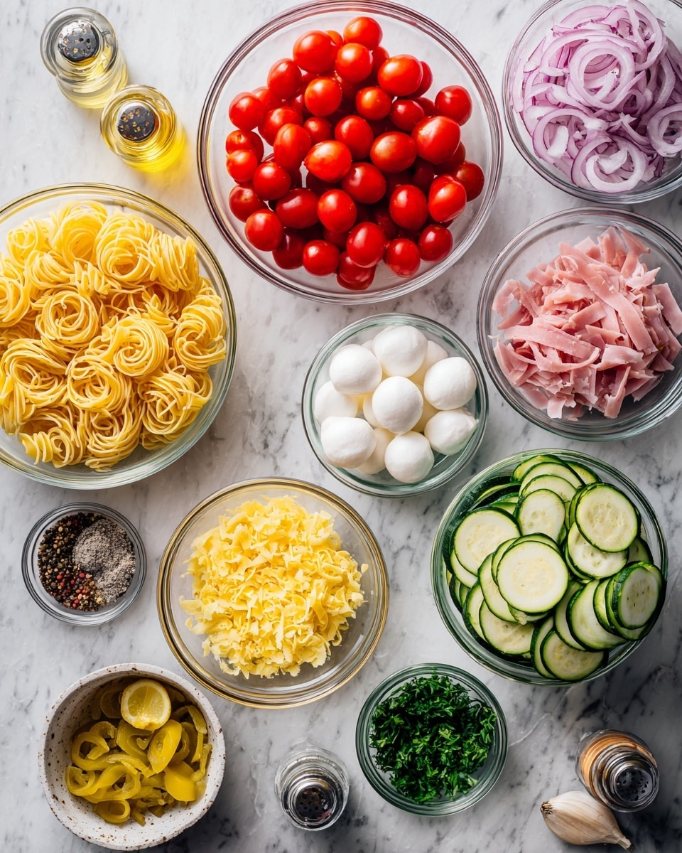 The image shows a flat lay of several clear glass bowls on a white marbled surface, each holding different colorful ingredients. At the bottom left, there is a bowl of yellow spiral pasta. Above it, a round bowl filled with bright red cherry tomatoes. To the right of the tomatoes, a bowl with finely sliced red onions, and next to that, a bowl with small pieces of pink ham. Near the center toward the top, a bowl with a bright yellow mixture, possibly cheese or scrambled eggs. Below that, a bowl with white round mozzarella balls. At the bottom right, a bowl with pale green thinly sliced zucchini. A small bowl with chopped green parsley and another small bowl with yellow pickled items sit nearby. Other small items like garlic, pepper grinders, olive oil, and lemon are around the bowls, all resting on the white marbled surface. photo taken with an iphone --ar 4:5 --v 7