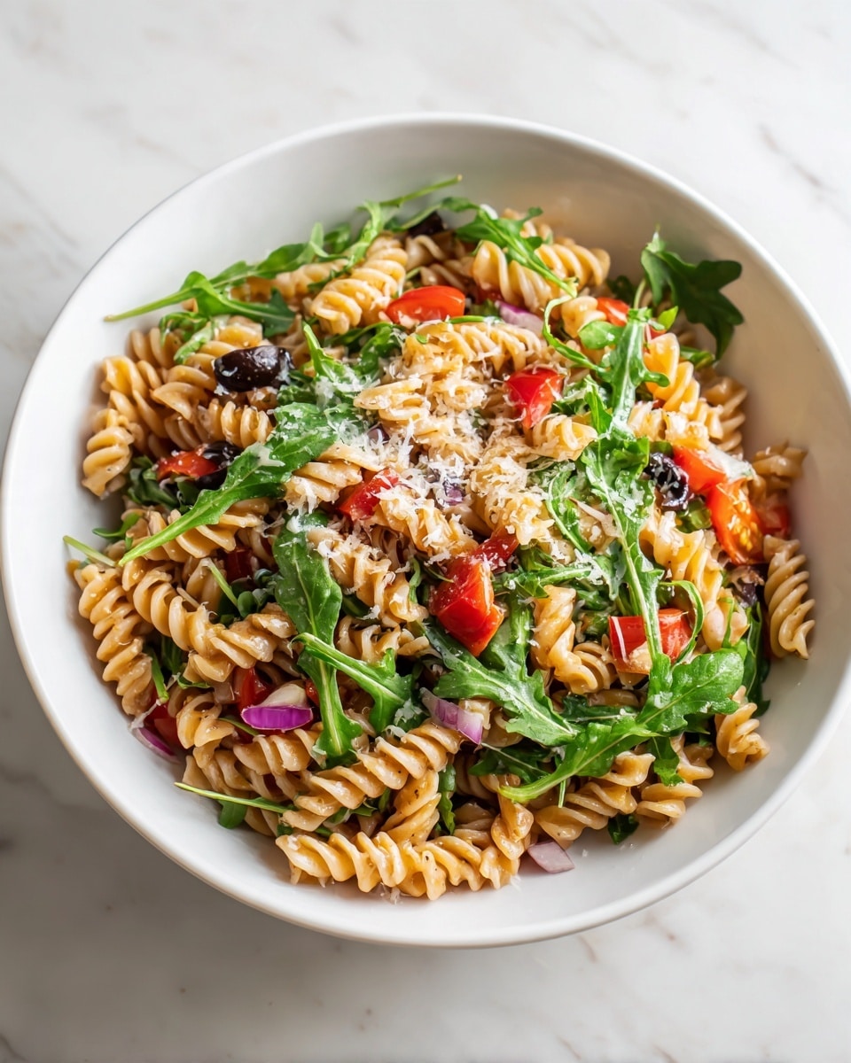 A white bowl filled with rotini pasta mixed with fresh arugula leaves, halved cherry tomatoes, chopped red bell peppers, black olive slices, and small bits of red onion. The pasta is light brown and coated lightly with dressing, while the arugula adds a vibrant green color spread throughout. There is a sprinkling of finely grated white cheese on top, giving a soft texture contrast. The bowl sits on a white marbled surface, making the colors of the salad stand out. photo taken with an iphone --ar 4:5 --v 7
