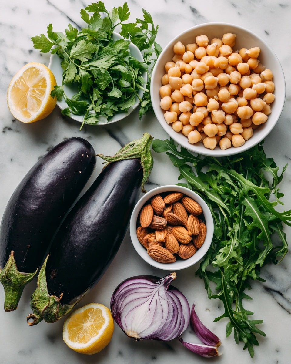 The image shows fresh ingredients set on a white marbled surface. There are two whole dark purple eggplants laid side by side near a bunch of green parsley. A white bowl filled with round, light yellow chickpeas is positioned nearby. A white bowl contains long, green arugula leaves with a slightly jagged texture. Another small white bowl holds whole almonds, a purple onion cut in half, and two lemon halves, one facing up and one down, adding a bright yellow contrast. The scene is brightly lit, with all elements distinct and neatly arranged. photo taken with an iphone --ar 4:5 --v 7