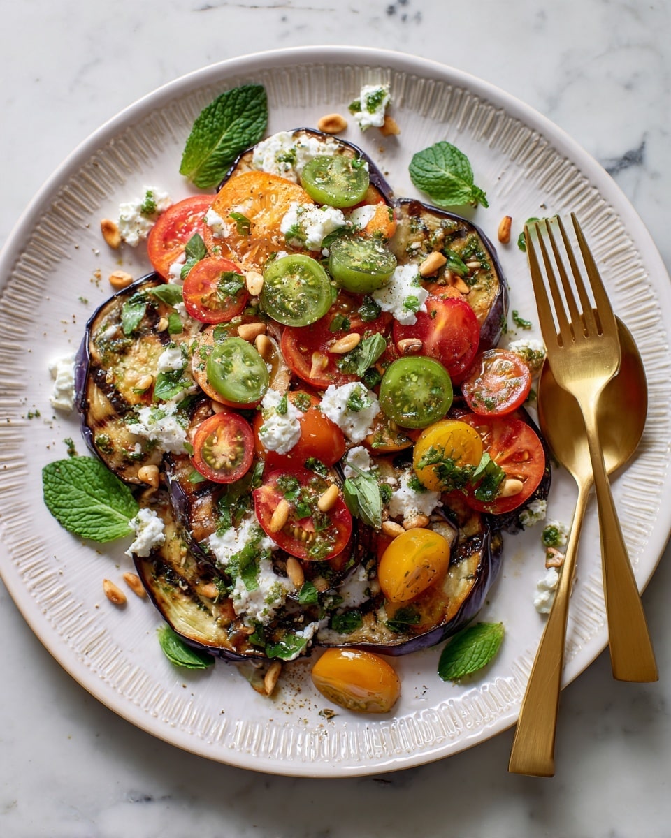 The dish is arranged on a white plate with delicate raised patterns along the edge. The bottom layer consists of large, grilled eggplant slices with a browned, slightly charred texture and green herb seasoning scattered on top. On top of the eggplant, there is a colorful mix of sliced tomatoes in red, green, and yellow shades, some cut into rounds and others halved cherry tomatoes, showing juicy, seedy interiors. Small white crumbles of cheese are spread over the tomatoes along with a scattering of small pine nuts. The dish is finished with fresh green mint and basil leaves placed evenly around the plate. To the side of the dish is a white marble surface with a gold and white fork and spoon resting on the plate’s edge. photo taken with an iphone --ar 4:5 --v 7