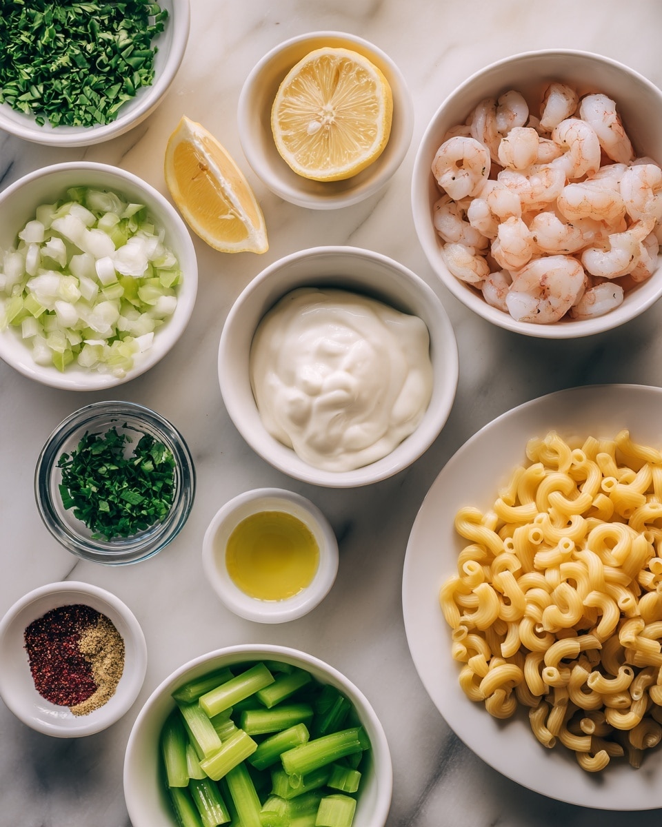 The image shows several small white bowls and a white plate arranged on a white marbled surface. The white plate holds yellow macaroni pasta on the bottom right. One white bowl contains small peeled shrimp, another has chopped onions, and a third holds a creamy white sauce. Additional ingredients include green bell pepper, celery sticks, lemon, chopped green herbs on a small white bowl, mustard, and a small bowl with a dark red spice. The colors range from light pink of the shrimp to bright green of celery and bell pepper, with smooth creamy white sauces in some bowls. Photo taken with an iphone --ar 4:5 --v 7