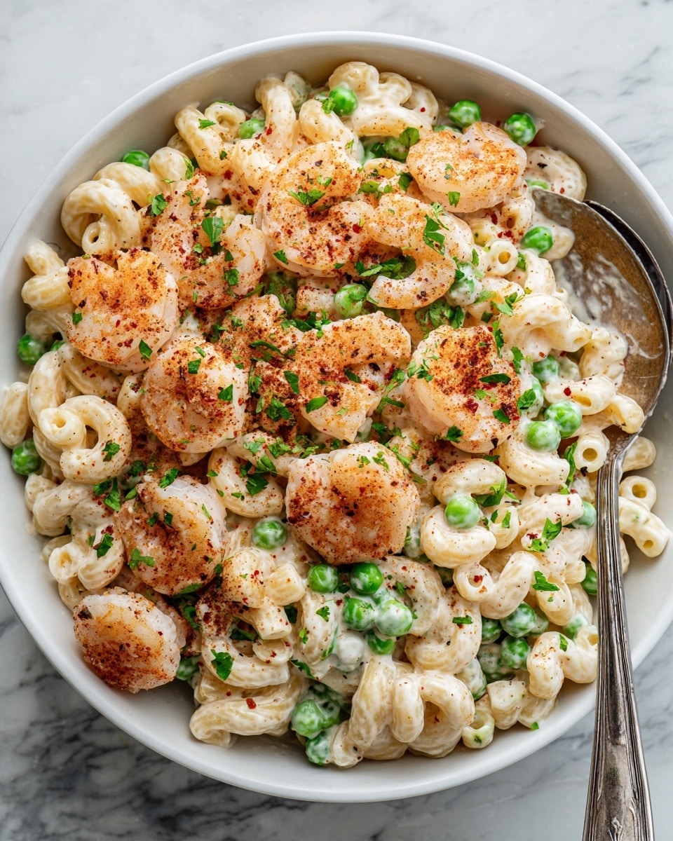 The dish is a creamy pasta salad served in a large white bowl on a white marbled surface. There are three main layers: the bottom layer has elbow macaroni pasta coated in a light creamy sauce with small green peas mixed in. The middle layer shows large pink shrimp scattered throughout, some slightly browned on one side. The top layer is garnished with finely chopped green herbs and a light dusting of reddish-brown spice, adding color contrast on the cream and green base. A large silver spoon rests inside the bowl. Photo taken with an iphone --ar 4:5 --v 7