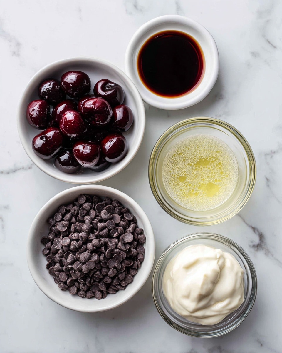 Five small bowls are placed on a white marbled surface, each containing different ingredients. On the top left is a white bowl filled with dark red cherries, soaked and glossy. Next to it on the right is a small white bowl holding a dark brown liquid, likely vanilla extract. Below the cherries is a white bowl filled with many small, dark brown chocolate chips. To the right of the chocolate chips is a clear glass bowl filled with a light yellow, frothy mixture. Below this bowl is another clear glass bowl filled with a smooth, white cream. The ingredients are arranged in a neat pattern on the white marbled background. photo taken with an iphone --ar 4:5 --v 7