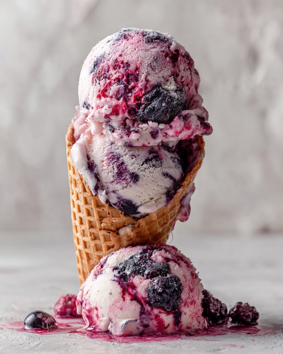 An image shows two scoops of mixed berry ice cream with visible chunks of dark berries and swirls of pink and white cream. The ice cream is melting slightly on a flat surface covered with more melted ice cream and berry pieces. The scoops are stacked vertically and topped with a dark gray waffle cone that has a grid pattern. The background is a white marbled texture. Photo taken with an iphone --ar 4:5 --v 7