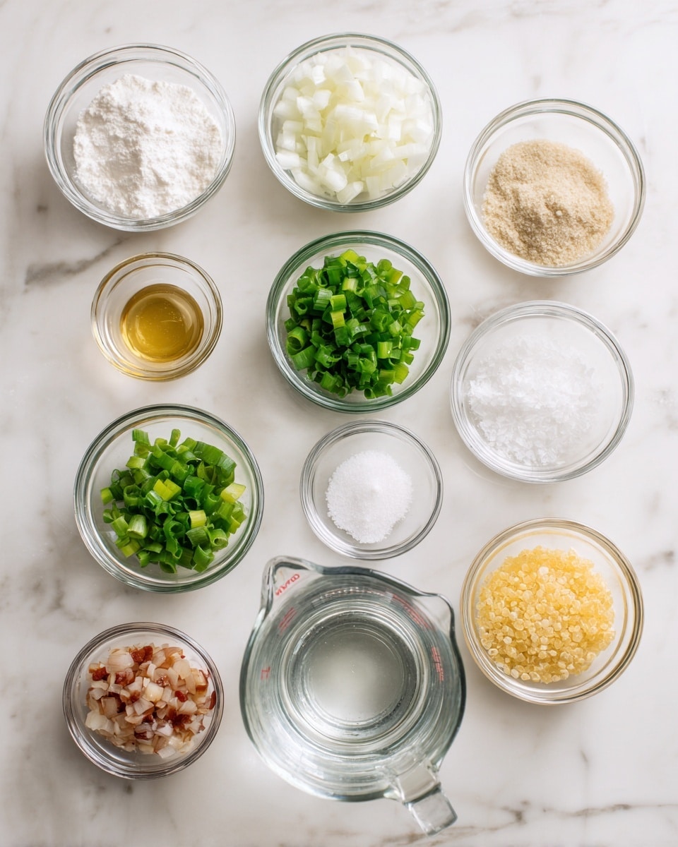 The image shows nine small clear glass bowls and a measuring cup on a white marbled surface. The bowls hold different ingredients arranged in three rows: the top row has white powder on the left, chopped white onions in the middle, and a golden liquid on the right. The middle row has a beige powder on the left, chopped green onions in the middle, and white granulated salt on the right. The bottom row has a bowl of reddish chopped mixture on the left, a clear measuring cup with water in the center, and yellow granules on the right. All items are evenly spaced and viewed from above. photo taken with an iphone --ar 4:5 --v 7