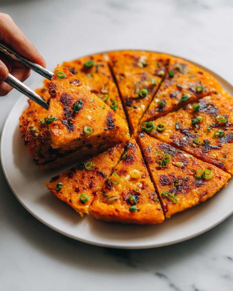A round, flat pancake with a reddish-orange color is topped with small green onion slices scattered evenly across its surface. The pancake has a slightly crispy texture with visible browned spots and bits of ingredients mixed in, giving it a speckled look. A woman’s hand holding metal chopsticks lifts one triangular slice from the pancake, showing its thin and textured inside. The pancake sits on a white plate placed on a white marbled surface, with a soft-focus background keeping the focus on the food photo taken with an iphone --ar 4:5 --v 7