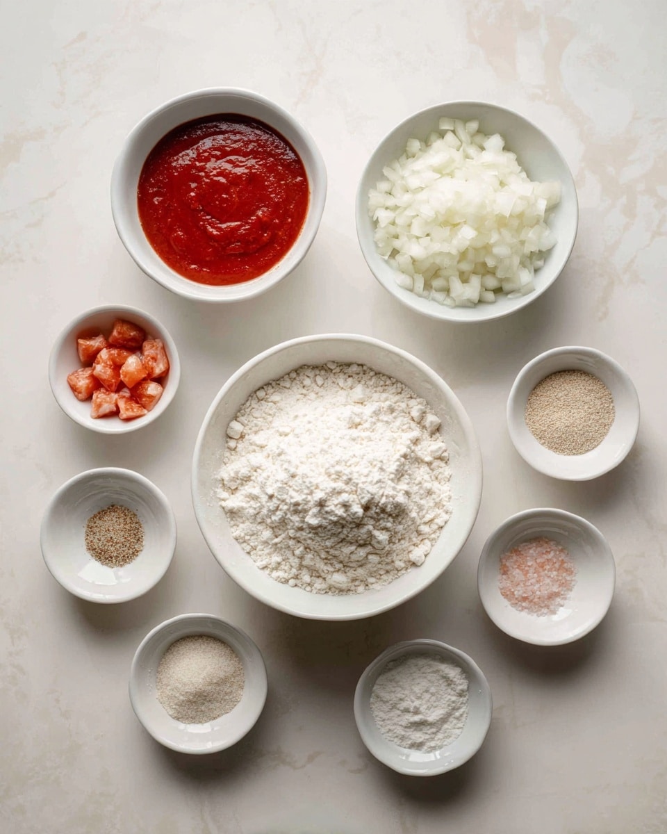 The image shows eight small white bowls arranged on a white marbled surface. The largest bowl is in the center and holds a heap of white flour with a soft texture. To the upper right, there is a medium white bowl filled with coarsely chopped white onions. To the upper left, a smaller white bowl contains a smooth red sauce with a glossy surface. Below that, another white bowl holds small pieces of a reddish-orange ingredient with a slightly chunky texture. Around these main bowls, there are four very small white bowls, each with different spices or powders: one has a light brown finely ground spice, one has a white powder, another holds a fine light beige powder, and the smallest one contains a pale pink salt. All the bowls are clean and simple, placed neat and spaced out. The photo is taken with an iphone --ar 4:5 --v 7