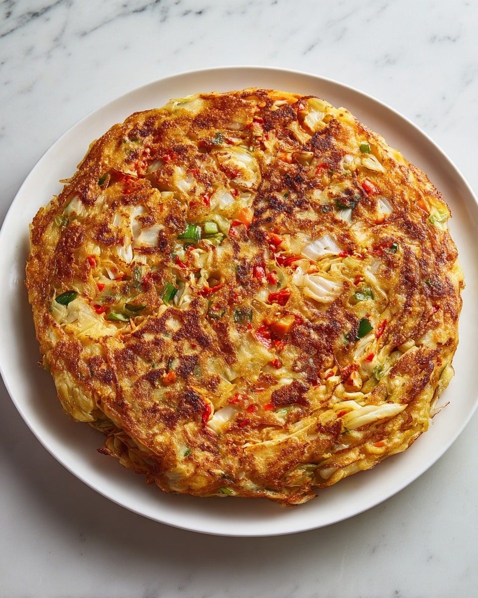 A round, golden-brown pancake with a slightly crispy surface is placed on a white plate. The pancake has visible layers of mixed ingredients including orange and red bits of sauce, white pieces of cabbage or similar vegetables, and small green slices scattered through it. The texture looks soft with some crunchy parts on top, and the pancake covers most of the plate. The background is a white marbled surface. photo taken with an iphone --ar 4:5 --v 7