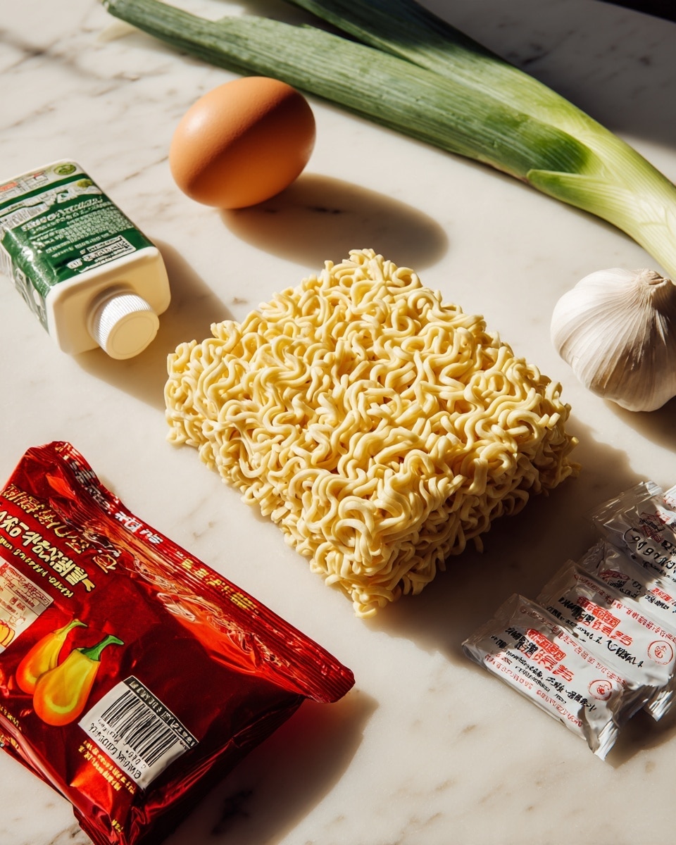 A white marbled surface holds fresh ingredients for a meal. At the front center, there is a rectangular block of uncooked yellow instant ramen noodles with a bumpy, curly texture. To the left, a small white bottle of soft tofu with a green and white label is placed lying down showing smooth white tofu inside. Behind it, there is a green spring onion with a fresh, smooth texture laying diagonally. Slightly to the right near the back, a smooth brown egg sits upright next to a unpeeled single garlic clove with a white papery surface. On the far right, there are two sachets of powdered soup with red and black text, placed near a partially open red package with Asian writing and a small chili graphic on its shiny surface. The overall scene is well-lit and simple. photo taken with an iphone --ar 4:5 --v 7