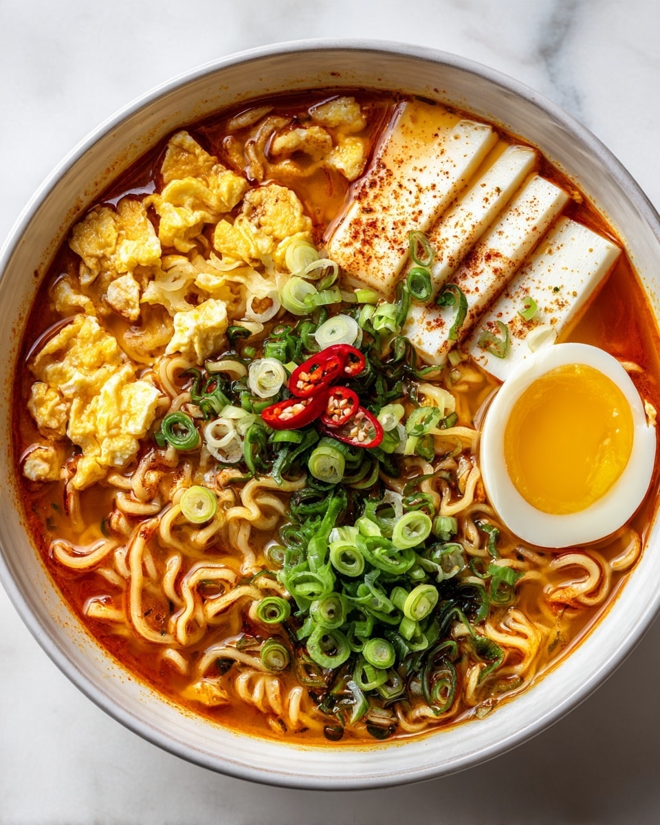A white bowl filled with steaming hot ramen noodles in a rich orange-red broth, with curly noodles visible throughout. On the left side are soft scrambled eggs, light yellow and fluffy, partially submerged in the broth. In the center are thin, round slices of white tofu, neatly stacked in a row, topped with small pieces of sliced red chili and green onion. On the right side is a bright yellow raw egg yolk sitting on the noodles, next to a pile of chopped green onions. The bowl sits on a white marbled surface. photo taken with an iphone --ar 4:5 --v 7