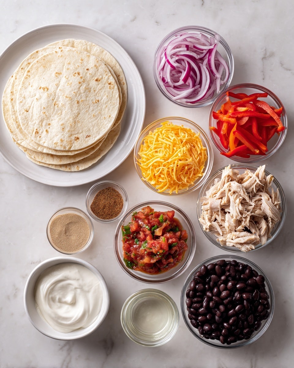 The image shows a white plate on the left side with a stack of soft round tortillas. Surrounding the plate, there are small glass bowls arranged neatly on a white marbled surface, each containing different ingredients: shredded cooked chicken with a light beige color, followed by bright yellow shredded cheese. Next, there are thin slices of red onions, vibrant red bell pepper strips, and cooked black beans with a shiny texture. In smaller bowls, there is fresh chunky red salsa with green herbs, smooth white sour cream, a dry light brown spice powder, and clear liquids in two tiny bowls. The arrangement is clean and organized with no overlap. photo taken with an iphone --ar 4:5 --v 7