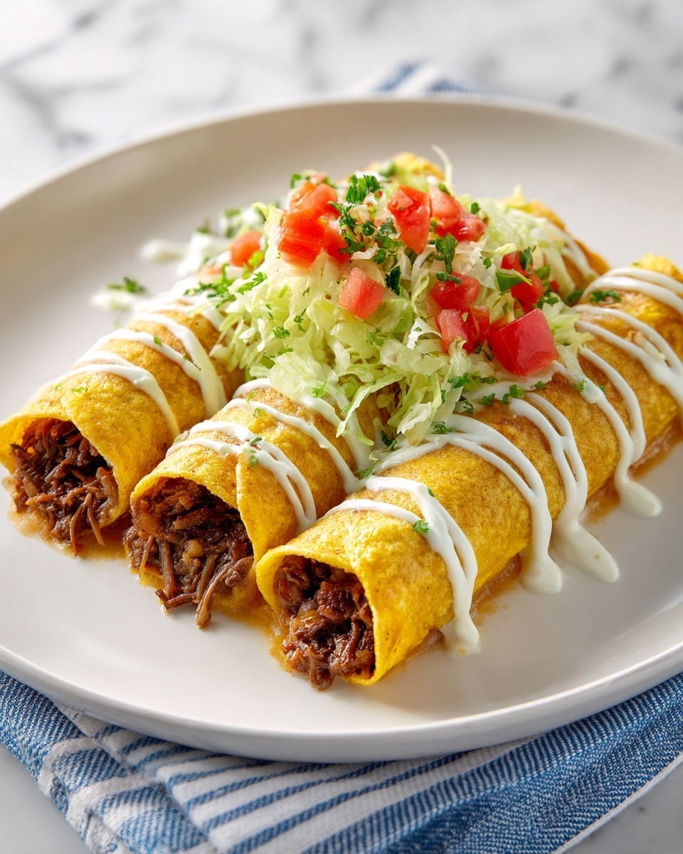 The dish shows three rolled tacos placed side by side on a white plate, each taco wrapped tightly with a golden-yellow crispy shell and filled with dark brown shredded meat that slightly spills out at both ends. On top, there is a drizzle of white creamy sauce running diagonally across the tacos. In the middle of the plate, a small pile of light green shredded lettuce and small diced red tomatoes add color and texture. The plate sits on a white marbled surface with a blue and white striped cloth nearby, creating a clean and inviting look. Photo taken with an iphone --ar 4:5 --v 7