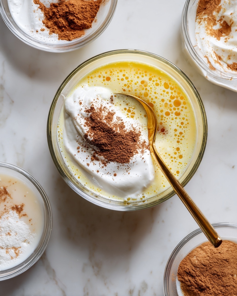 A clear glass bowl holds several layers of ingredients ready to mix: at the bottom is a light-yellow layer of beaten egg yolks and translucent egg whites with bubbles, followed by a thick white dollop of yogurt or cream in the center. On top of the white layer is a small pile of brown powder, possibly cocoa or spice. A gold spoon is partially dipped into the bowl, touching the powder. Around the main bowl, smaller clear glass bowls with white substances and light brown powder sit on a white marbled surface. Photo taken with an iphone --ar 4:5 --v 7