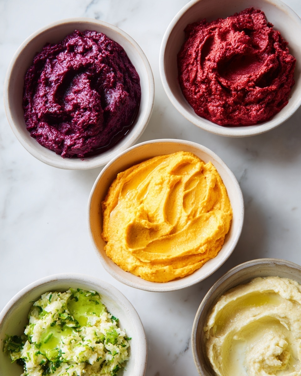 Five white bowls sit on a white marbled surface, each filled with different colorful dips. The top left bowl holds a deep purple, chunky dip with a rough texture. To its right, a bright red, smooth but slightly coarse spread fills another bowl. Below these, a bowl features a bright yellow-orange dip with a creamy texture and visible herbs, shaped with soft waves. To the right of it, a bowl contains a pale beige dip, smooth and creamy with tiny bubbles on top. The bottom bowl is larger and holds a light green, crumbly-looking dip mixed with bright green bits. photo taken with an iphone --ar 4:5 --v 7